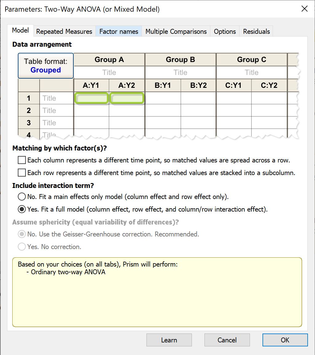 GraphPad Prism 10 Statistics Guide - Model tab: Two-way ANOVA