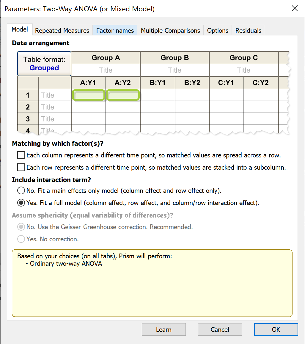 tricky bark Biskop GraphPad Prism 9 Statistics Guide - Model tab: Two-way ANOVA